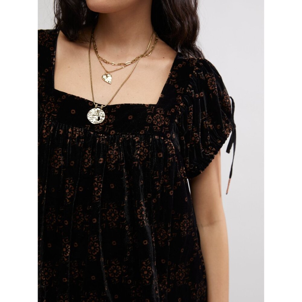 FP Velvet Short Sleeve Square Neck Mini Dress - Black with Metallic Print - Picture 7 of 16